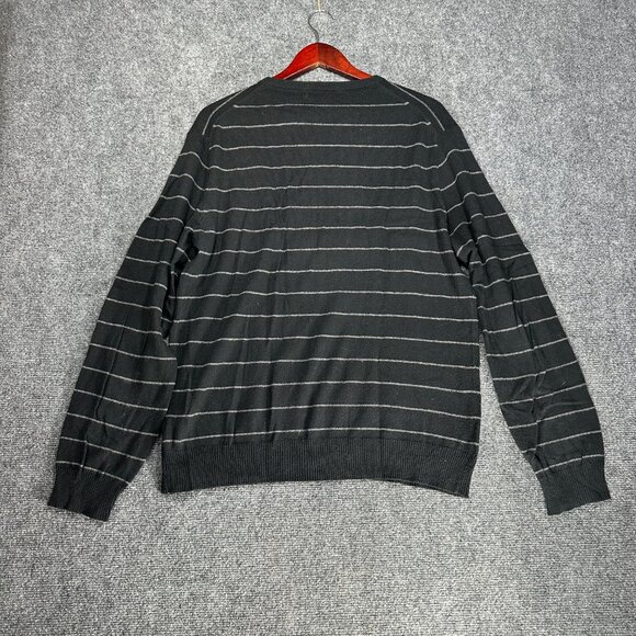 J Crew Sweater Mens Large Cotton Cashmere Black Gray Stripe V Neck Long Sleeve - Picture 6 of 7